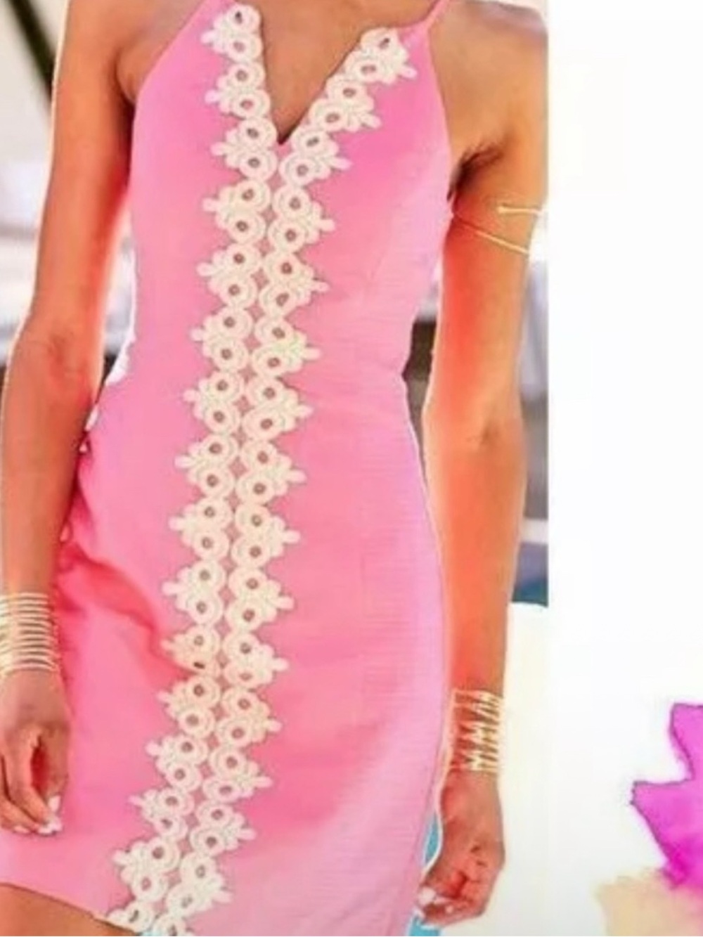 Sleeveless Pink Crochet-Trim Bodycon Dress - Picture 1 of 7